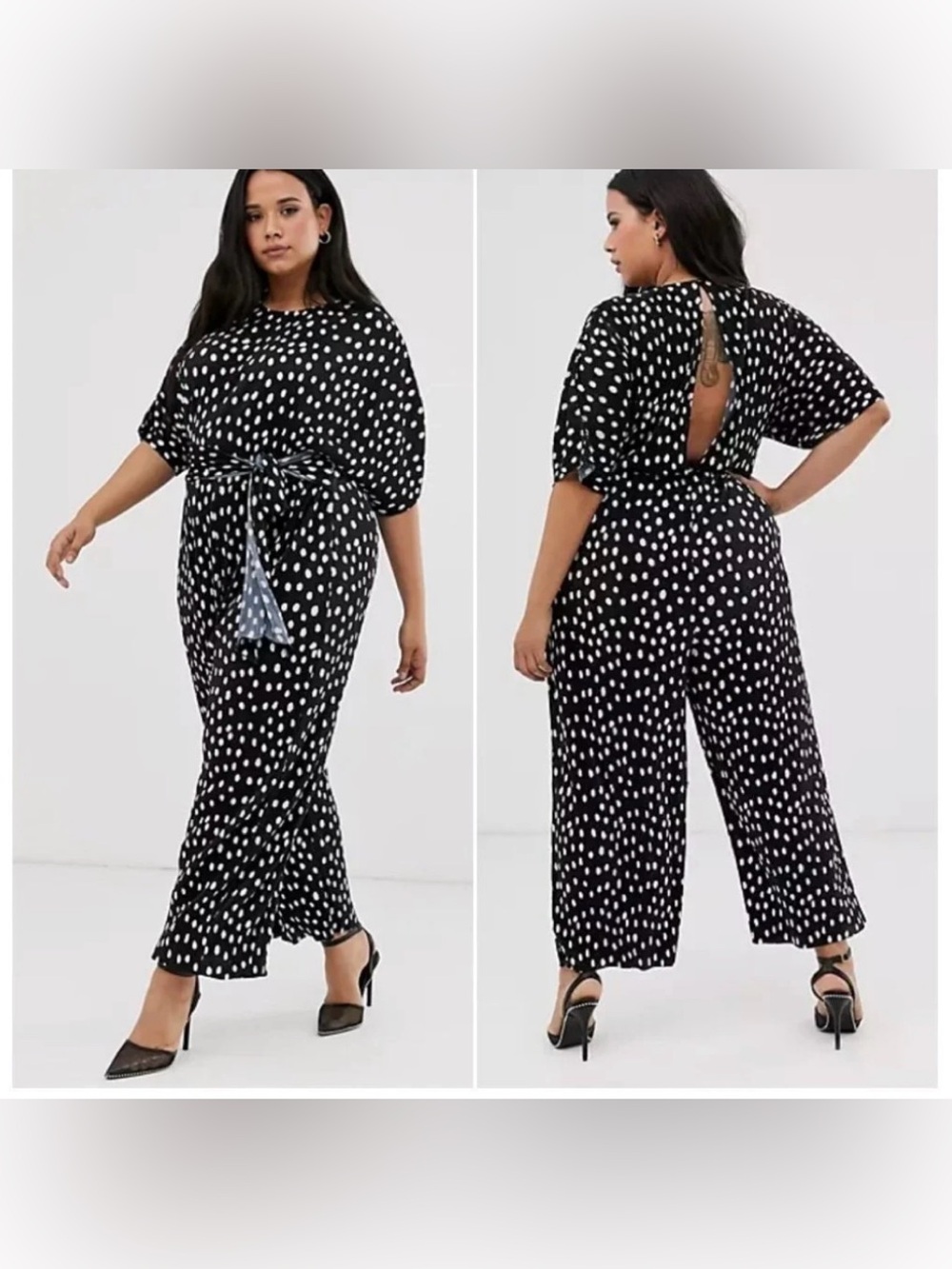 ASOS Black and White Polka Dot Plisse Tie-Front Jumpsuit